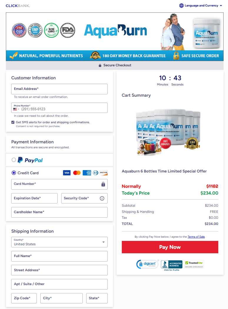 AquaBurn order page